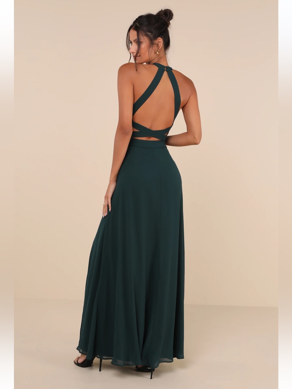 Lulu's Forest Green Backless Cross-Back Maxi Dress
